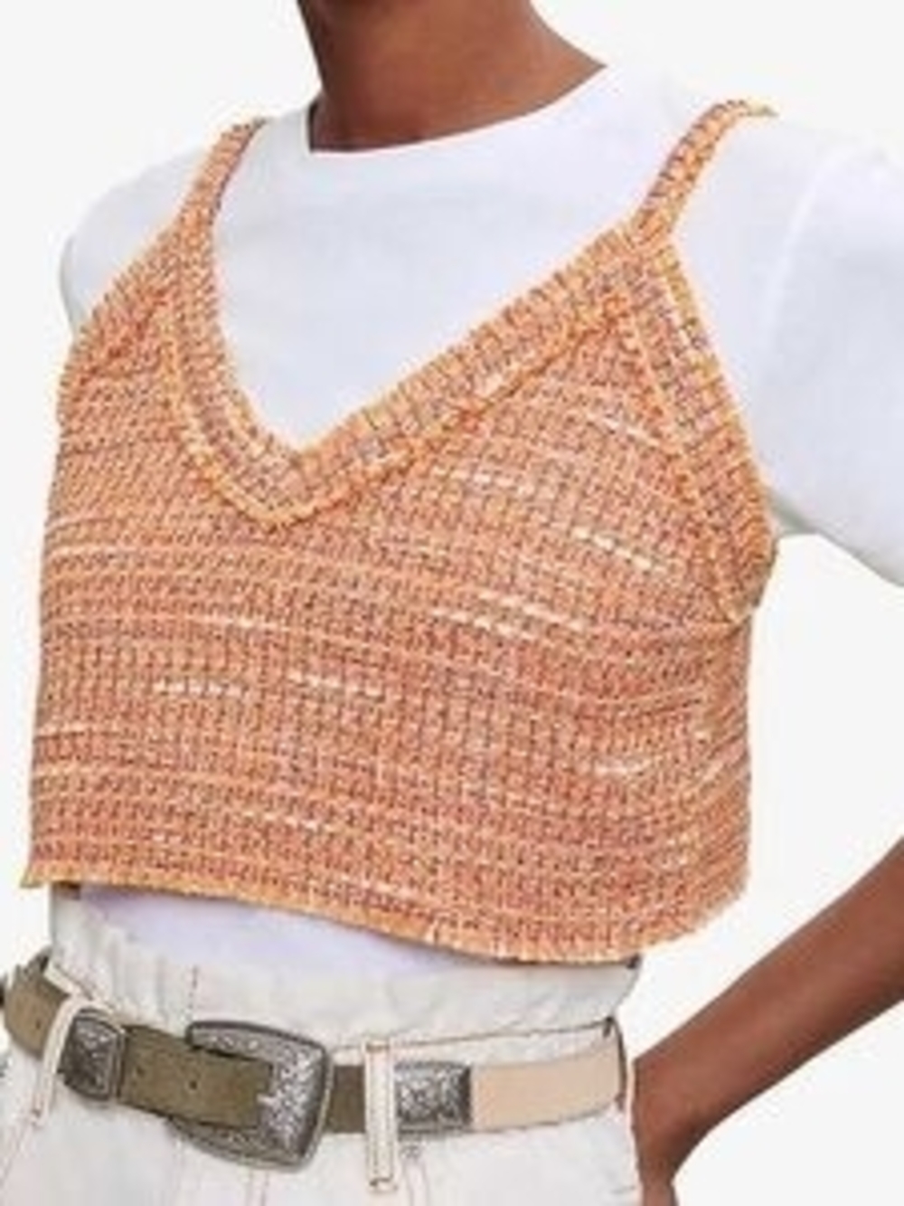 Maje Orange Cropped Knit Cami Layered Over White Tee
